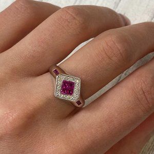 Rachel Koen Ruby With Diamonds Ladies Ring 14K White Gold Size 7